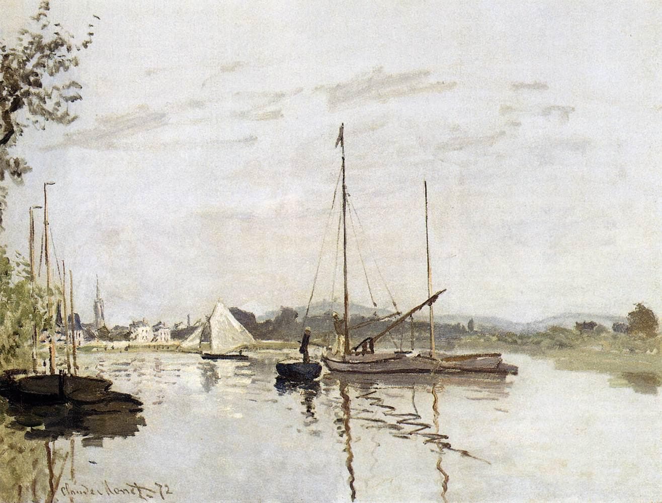 Two sailing boats with furled sails at anchor on a calm, silvery river, their masts reflected in the water, a distant white sail beyond — Claude Monet, Argenteuil, c. 1872
