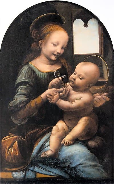 A young smiling Virgin in blue holds the Christ Child on her lap as he studies a small flower in her hand, a window behind — Leonardo da Vinci, Benois Madonna, c. 1478–80