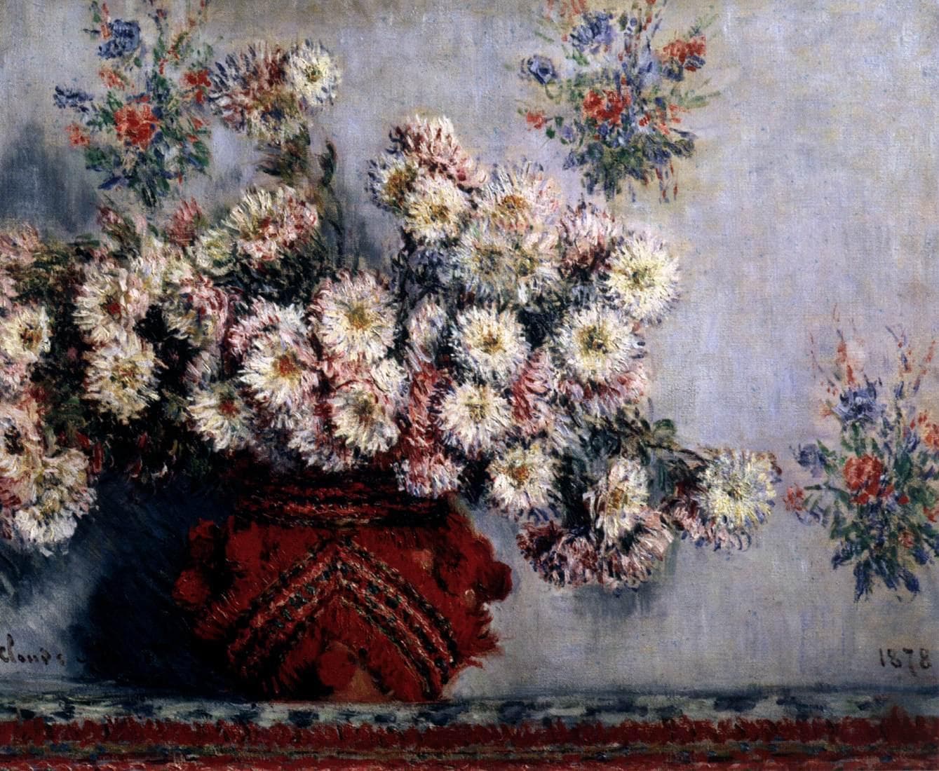 A dome of white and pink chrysanthemums in a red patterned vase against a pale wall scattered with small flower sprays — Claude Monet, Chrysanthemums, 1878