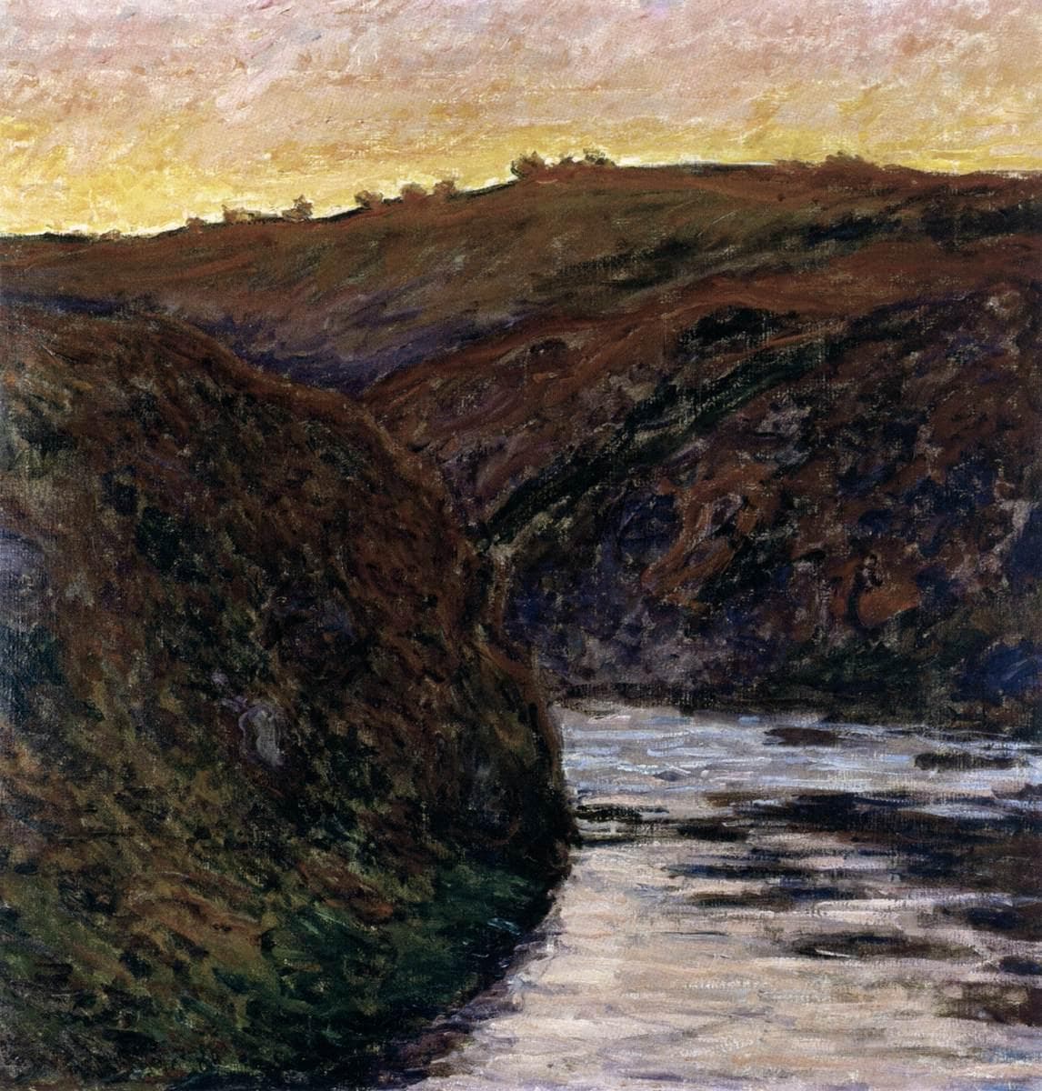 Dark plum and green hillsides slope down to a pale river at lower right under a narrow yellow and orange sunset sky — Claude Monet, The Creuse, Sunset, 1889