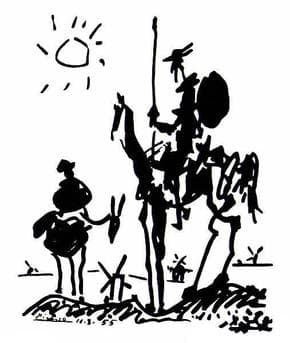 A black ink drawing of a tall thin knight on a bony horse with a lance, a squat squire on a donkey, windmills and a spiky sun — Pablo Picasso, Don Quixote, 1955