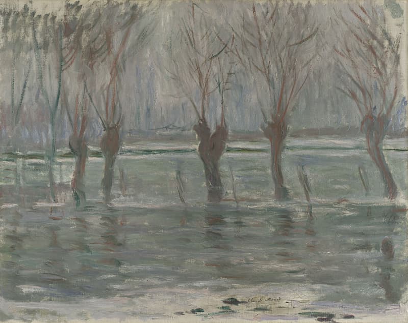 A row of pollarded willows with bare rusty branches stands in a flooded meadow, reflected in still gray-green water under a dull sky — Claude Monet, Flood Waters, 1896