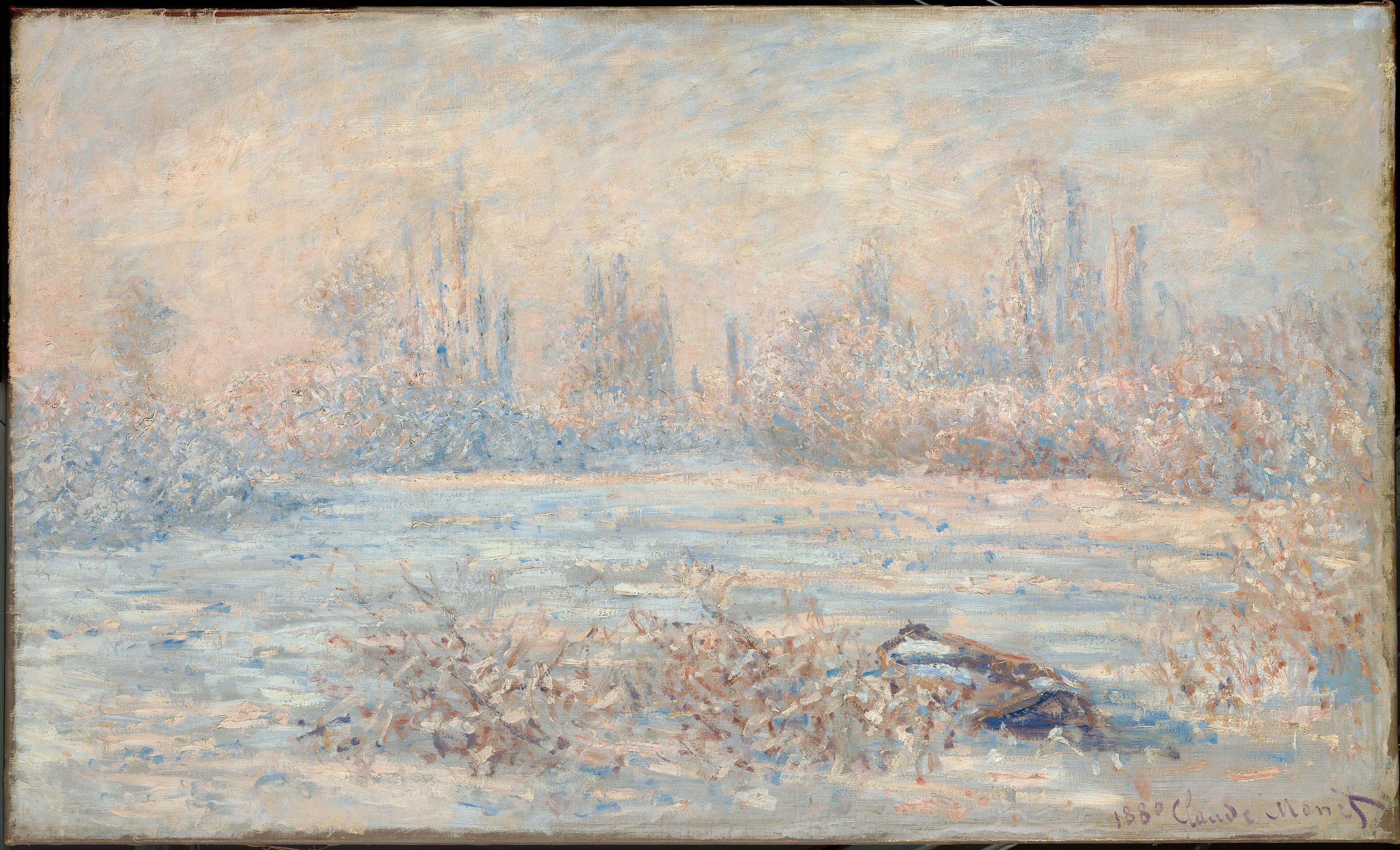 Bushes and poplars along a river coated in pink-white hoarfrost under a pale sky, a dark boat half-buried in snow — Claude Monet, Frost, 1880