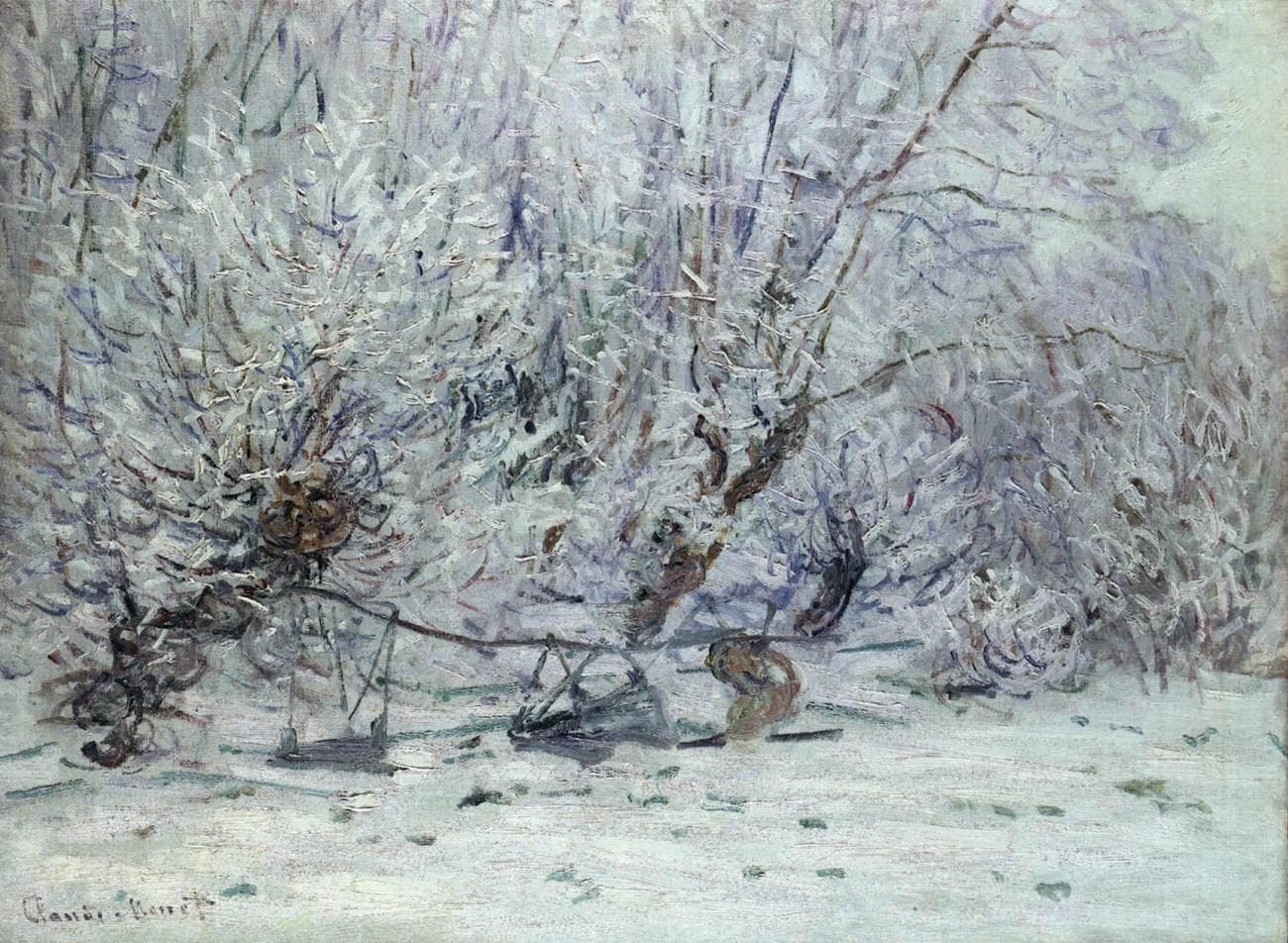 A thicket of bushes and slender saplings thick with white and lilac hoarfrost, brown stumps and a small wooden frame half buried in a snowy field — Claude Monet, Frost, 1885