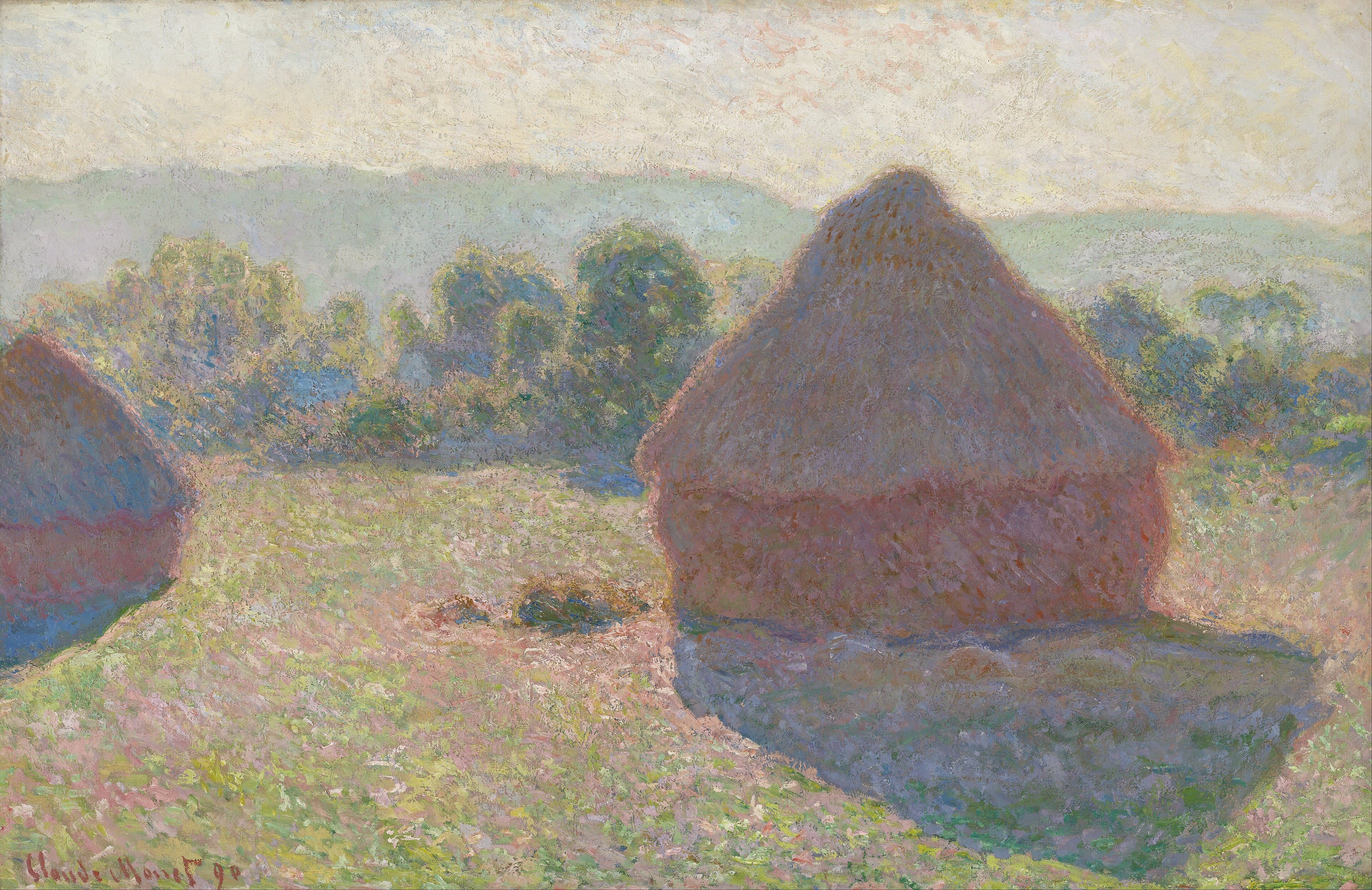 A large grainstack with a pinkish roof casts a deep blue shadow in a sunlit field, a second stack cut by the left edge and trees in pale haze behind — Claude Monet, Haystacks, Midday, 1890