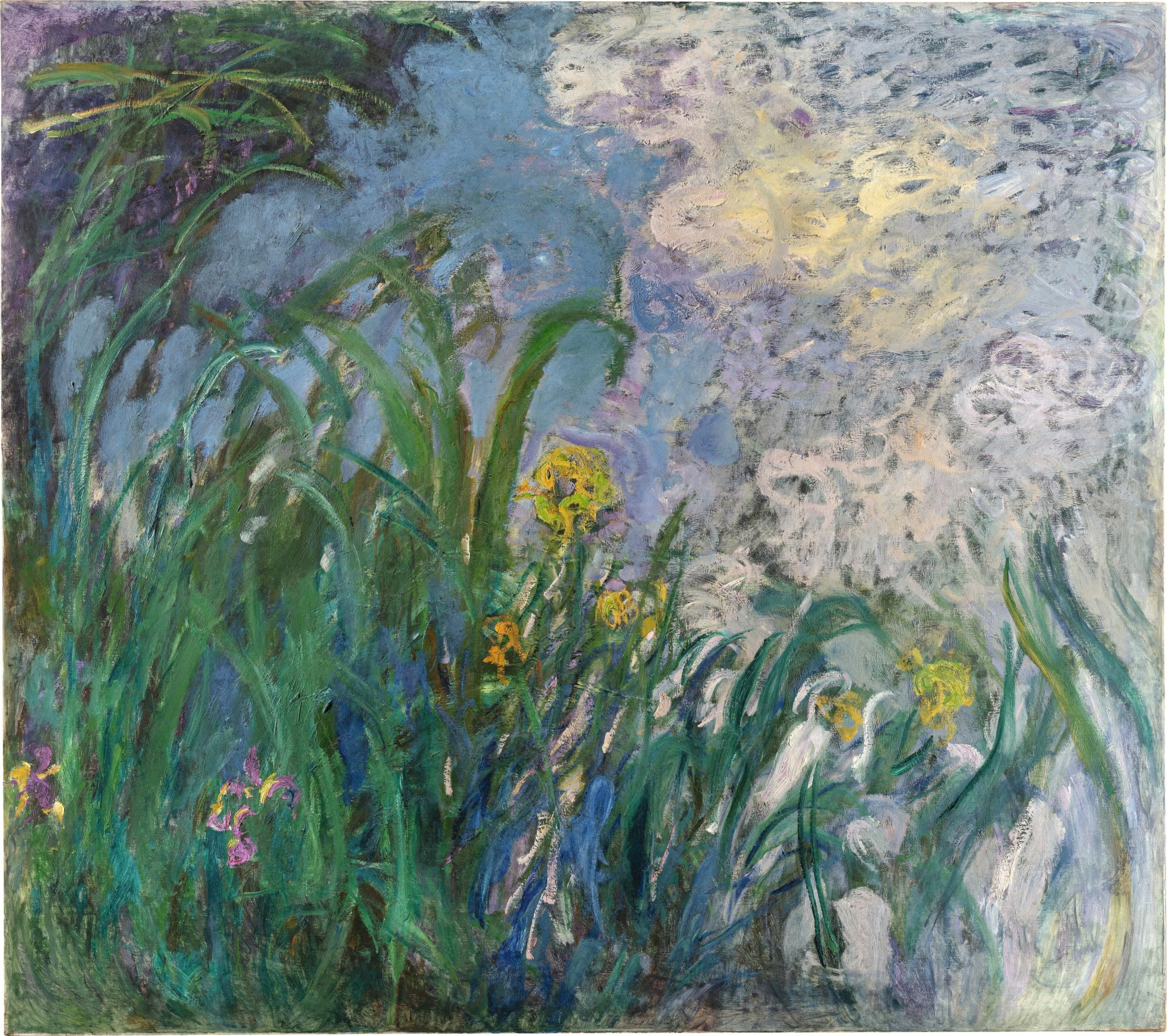 Tall green iris leaves with yellow and purple flowers rise at the edge of a pond reflecting pale blue sky and swirling white clouds — Claude Monet, Iris, c. 1924–25