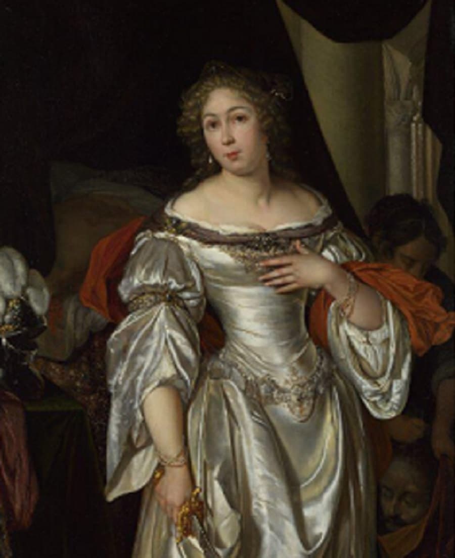 A young woman in a shining white satin gown and orange-red mantle, one hand on her breast and a sword hilt in the other, while a maid at the lower right lowers a severed head into a bag — Eglon van der Neer, Judith, c. 1678