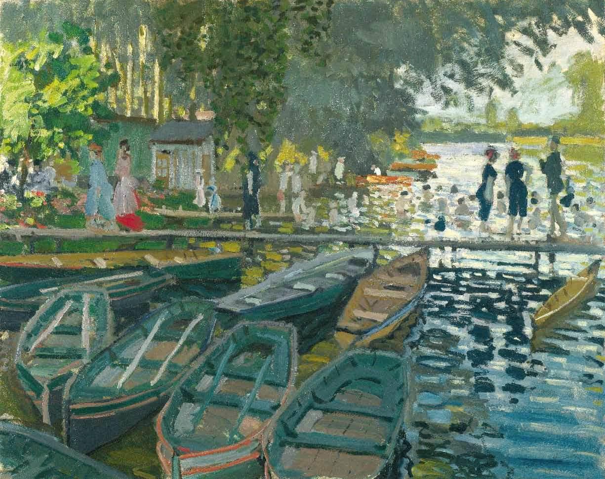 Green rowing boats moored in the foreground, bathers on a plank walkway and swimmers in shimmering water under trees — Claude Monet, Bathers at La Grenouillère, 1869