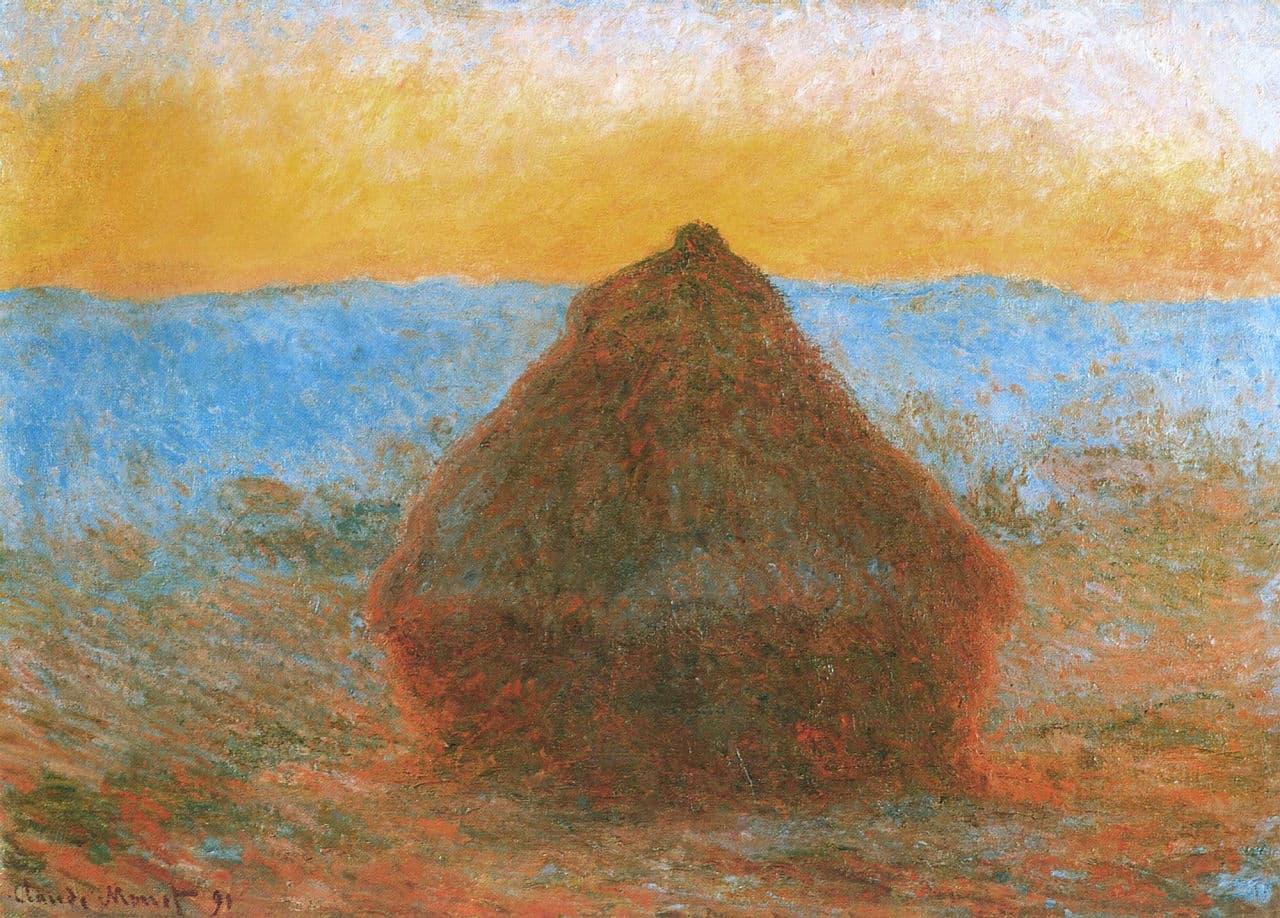 A dark wheat stack with a glowing red rim stands against a band of orange sky above vivid blue hills and a burning orange field — Claude Monet, La Meule, 1891