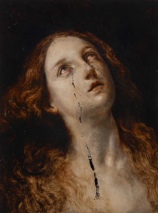 A red-haired young woman looks upward with reddened eyes, dark cracked lines running like tears from her eyes down her cheek and neck — Nicola Samorì, Lacrimosa