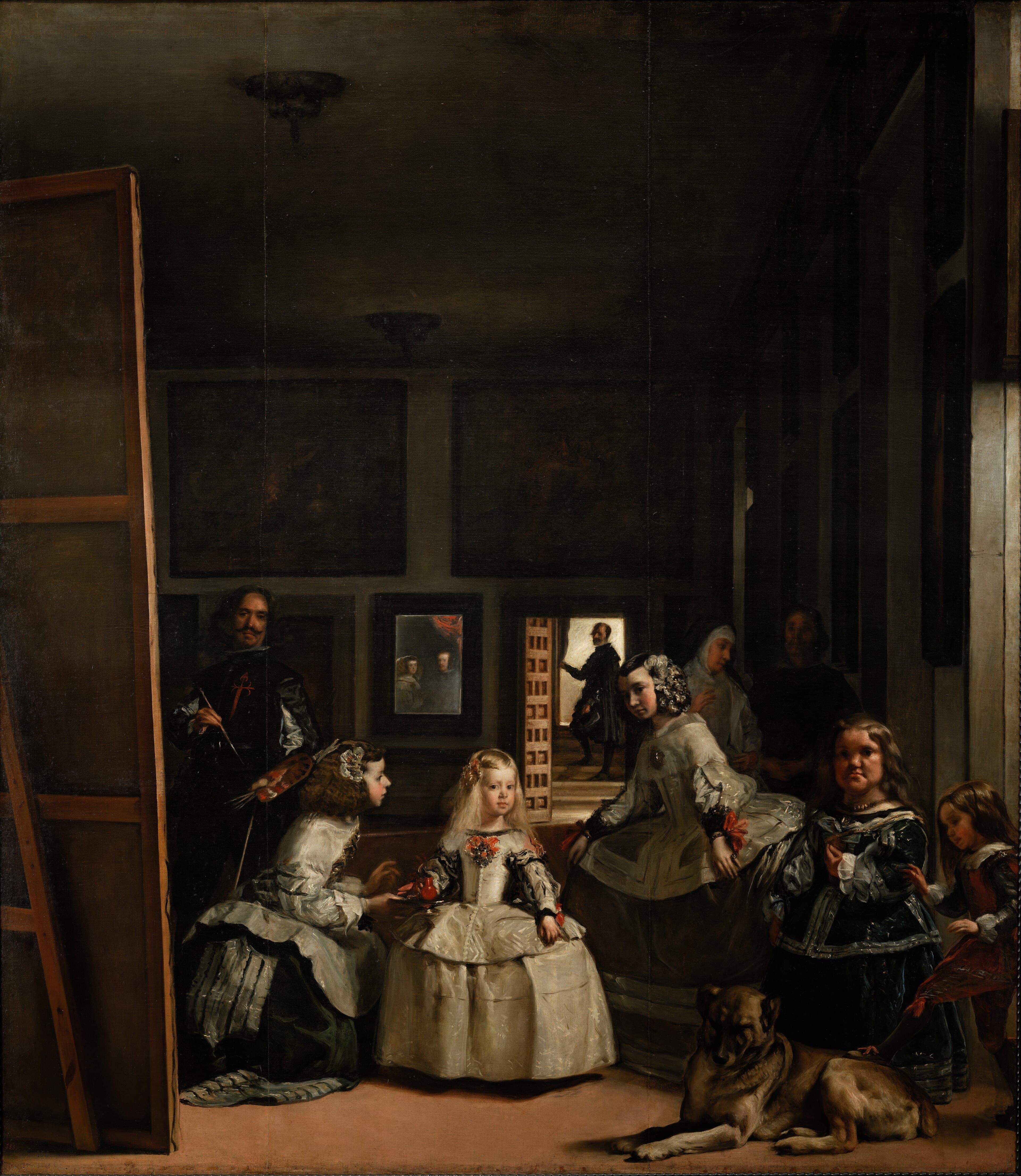 A small princess in a silver dress stands among maids, dwarfs and a dog while a painter at a tall canvas looks out, the king and queen reflected in a mirror behind — Diego Velázquez, Las Meninas, 1656