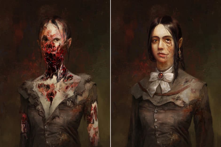 Two portraits of the same dark-haired young woman in a brown dress: at right partly scarred, at left her face and neck burned beyond recognition — Andrzej Dybowski, Layers of Fears portraits, 2023