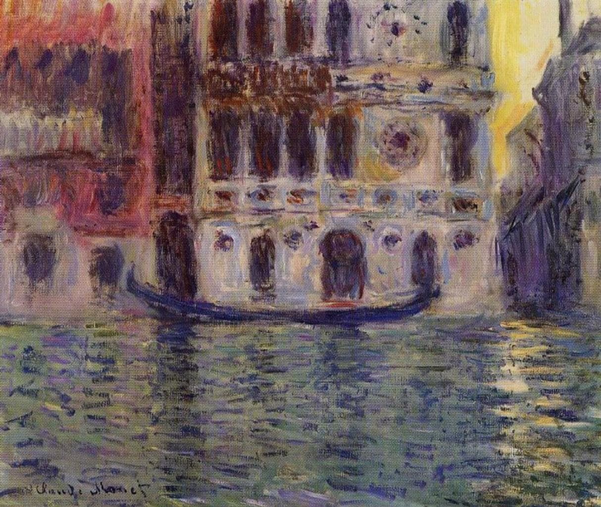 A violet and rose palace facade with dark arched windows and round discs stands above a blue gondola and multicolored water, a streak of yellow light at right — Claude Monet, Le Palais Dario, 1908