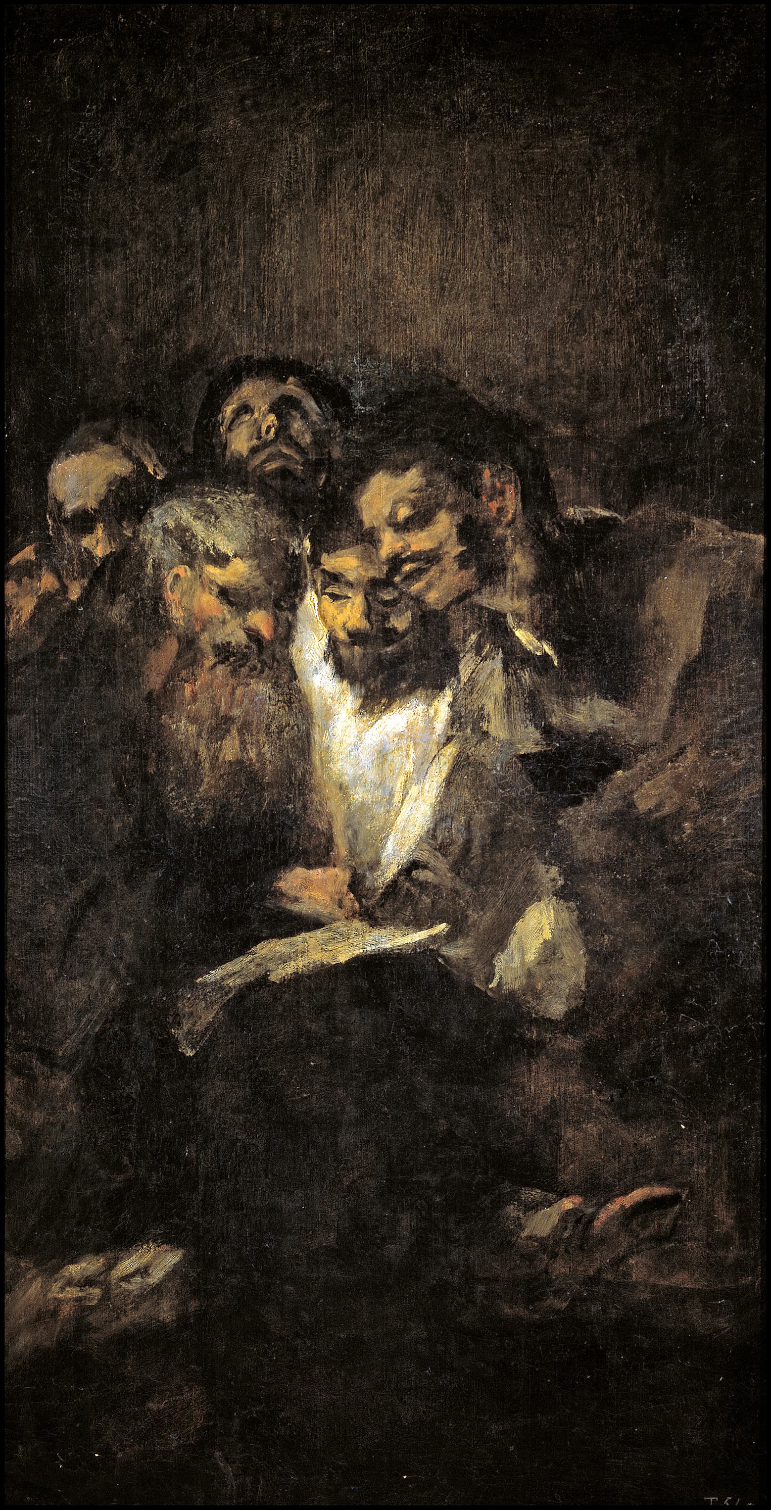 A bearded man in a white shirt reads a page on his lap while five men crowd around him in darkness, one tilting his head back — Francisco Goya, Men Reading, c. 1819–1823
