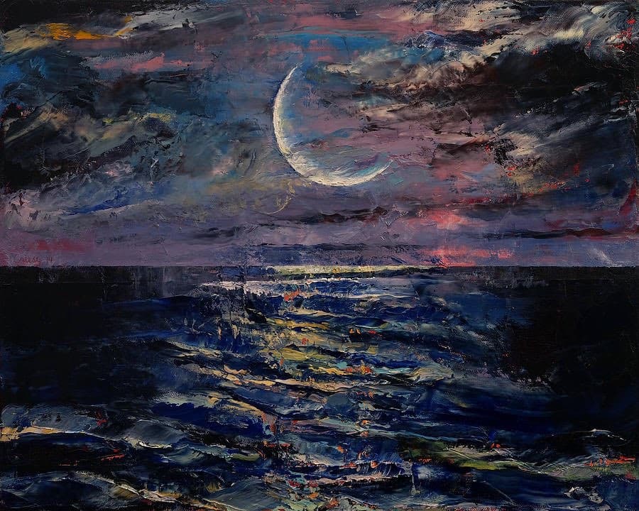 A thin crescent moon in churning violet and pink clouds above a dark sea with a path of reflected light and thickly painted waves — Michael Creese, Moon, 2015