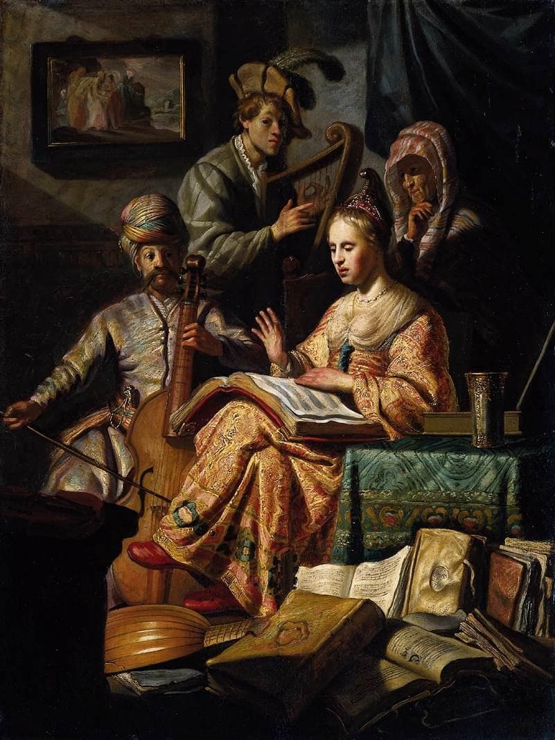 A young woman in a gold brocade gown sings from a book while a turbaned man plays a viola da gamba, a youth plays a harp and an old woman listens, books and a lute in the foreground — Rembrandt, Musical Company, 1626