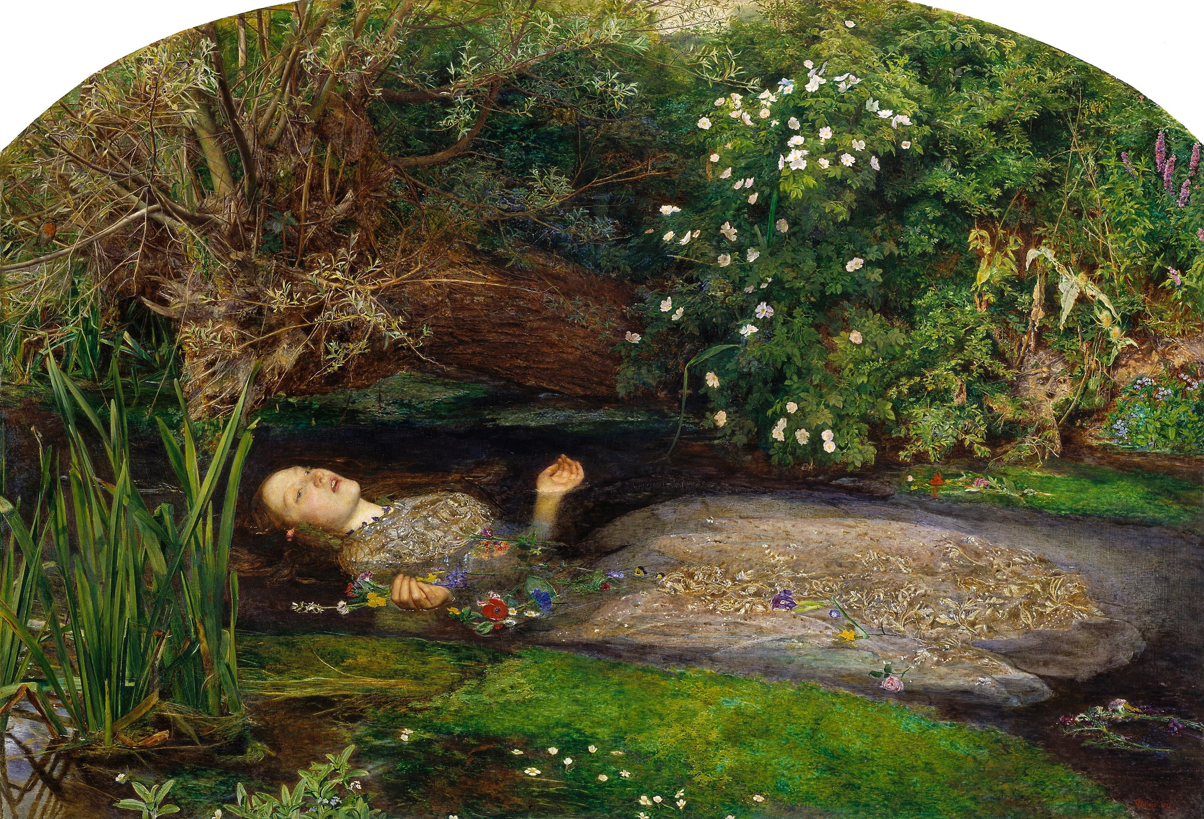 A pale young woman in a silver dress floats on her back in a green stream, palms up and lips parted, as flowers drift from her hand — John Everett Millais, Ophelia, 1851–52