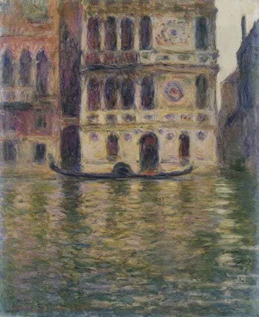A cream and gold Venetian palace facade with dark arched windows and round inlaid discs rises above deep olive water with a moored gondola — Claude Monet, Palazzo Dario, 1908