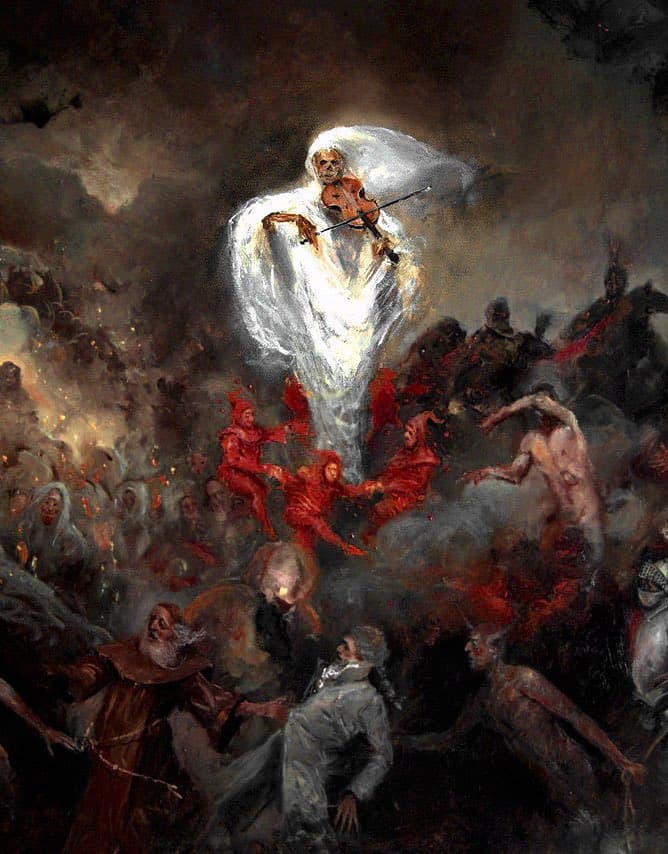 A skull-faced figure in a billowing white shroud plays a violin above a ring of red devils dancing among a crowd of monks, nobles and tormented souls — Requiem, attributed to Ignacio Trelis