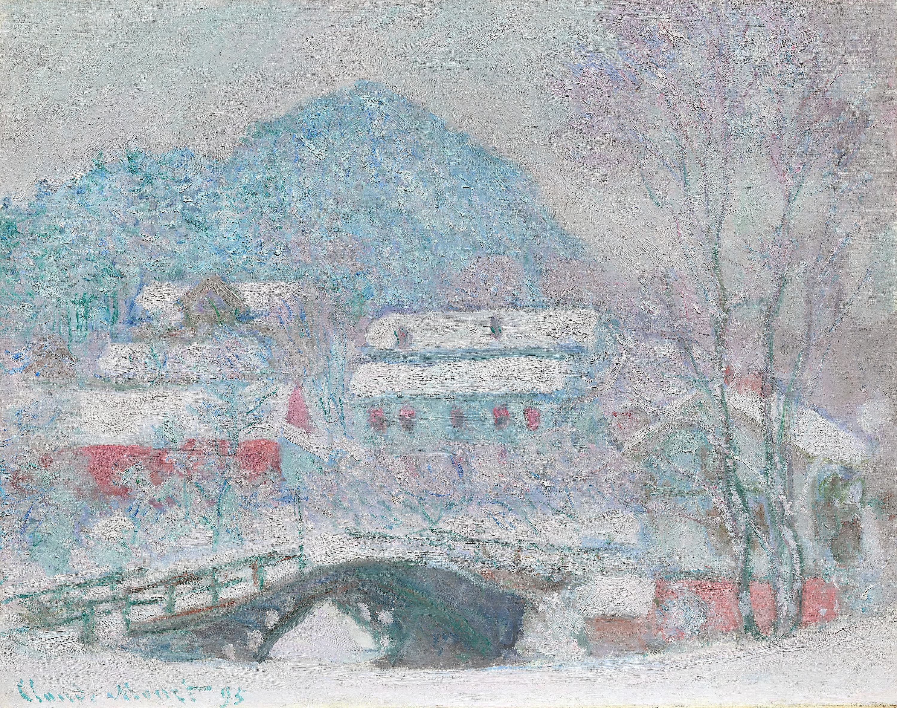 A snow-covered village with an arched bridge, wooden houses with red trim and frosted birches below a rounded blue mountain — Claude Monet, Sandvika, Norway, 1895
