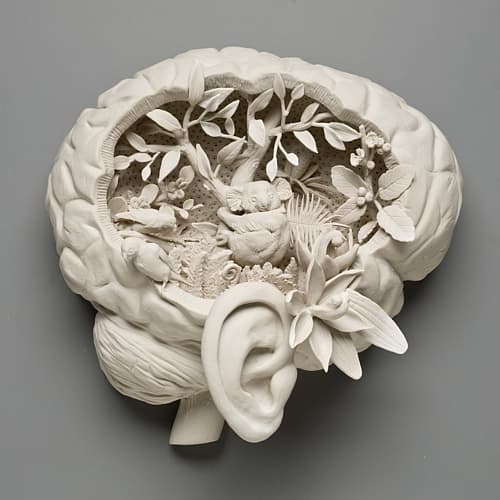 A white porcelain human brain cut open to reveal a miniature eucalyptus forest with a koala and birds, an ear and lilies attached to its side — Kate MacDowell, Solastalgia, 2010
