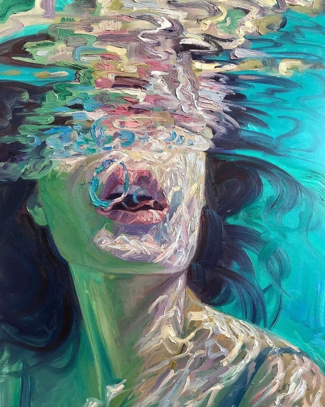 A woman's face seen underwater, her eyes hidden by rippling bands of light and a ring of air rising from her parted lips — Isabel Emrich, Speak Up, 2018