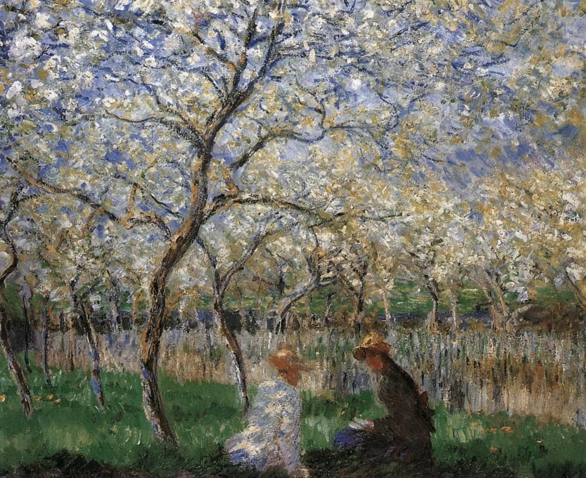 Two young women in hats sit in green grass under a canopy of fruit trees in white blossom, with violet shadows across the orchard — Claude Monet, Spring, 1886