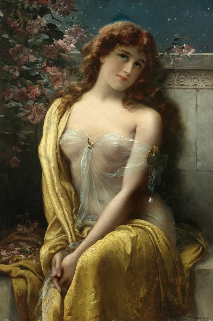 A red-haired young woman in a sheer white gown and golden shawl sits on a stone bench beneath pink roses and a starry night sky — Émile Vernon, Starlight