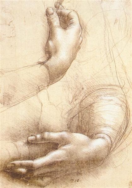 Two studies of a woman's hands and forearms in fine metalpoint, one raised to the breast and one resting across the other — Leonardo da Vinci, Study of Hands, c. 1474–76