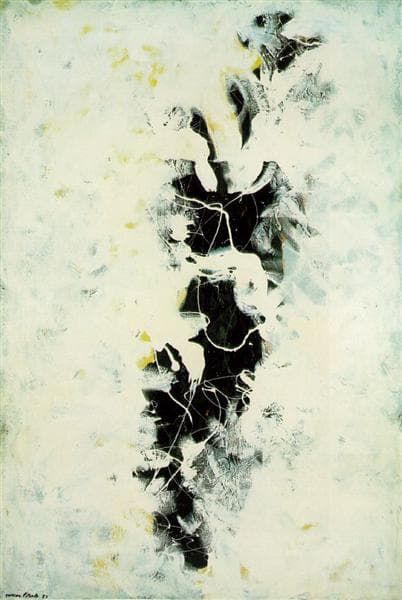 A tall field of thick creamy white paint flecked with yellow parts around a jagged black void running down the center — Jackson Pollock, The Deep, 1953