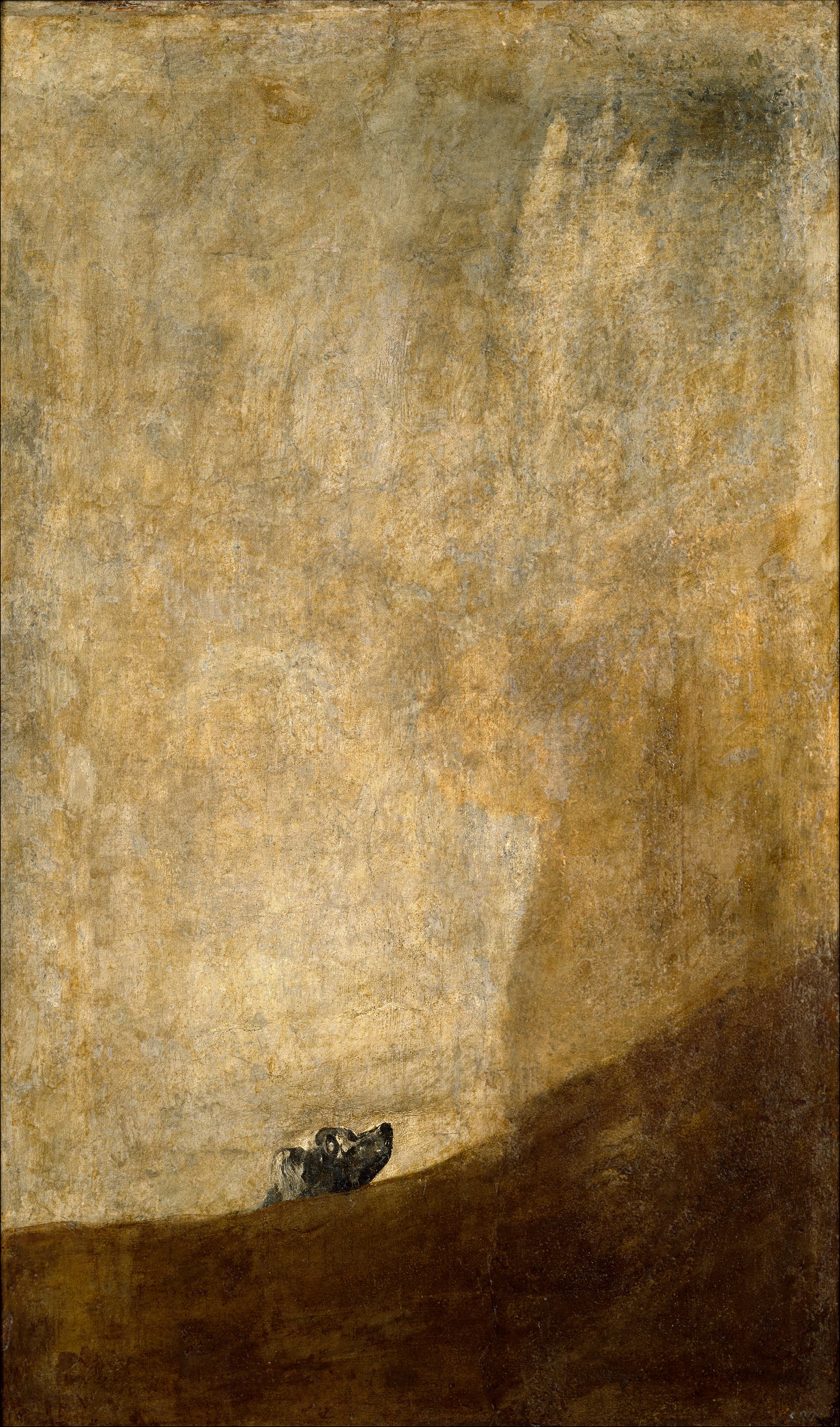 A small dog's head peers upward over a dark brown slope into a vast, empty ocher field — Francisco Goya, The Dog (Half-Submerged Dog), c. 1819–1823