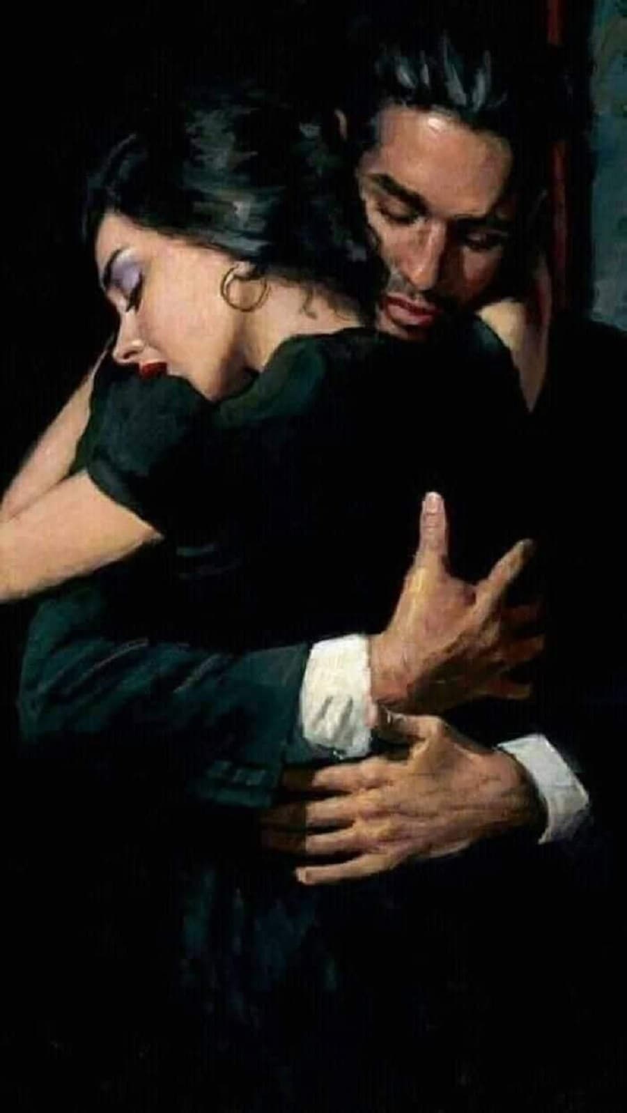 A dark-haired man and woman in black embrace with eyes closed, his hand spread across her back, against a black background — Fabián Pérez, The Embrace II