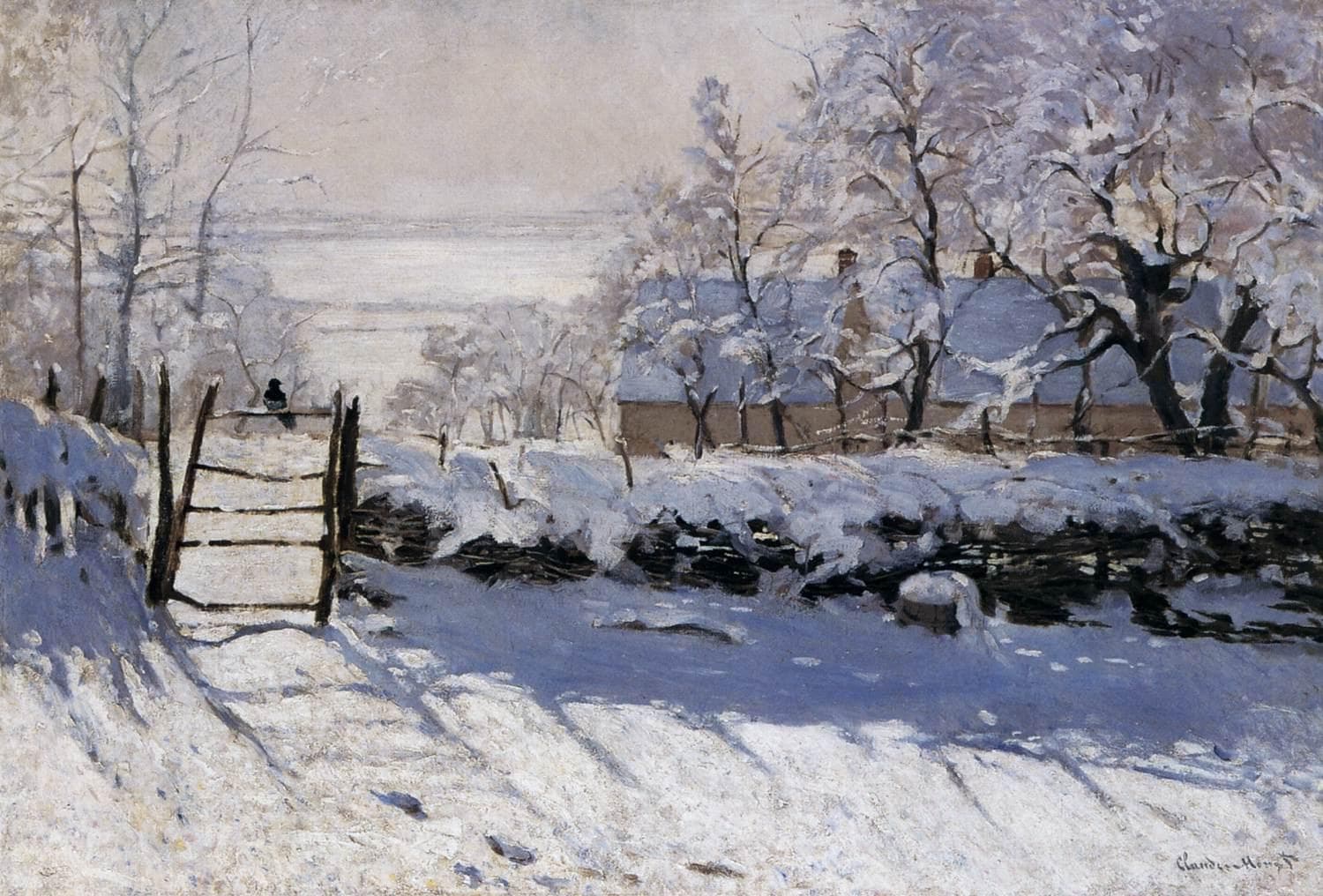 A lone black magpie perches on a wooden gate in a snowy field, with blue shadows stretching across the snow before a farmhouse and trees — Claude Monet, The Magpie, 1868–69