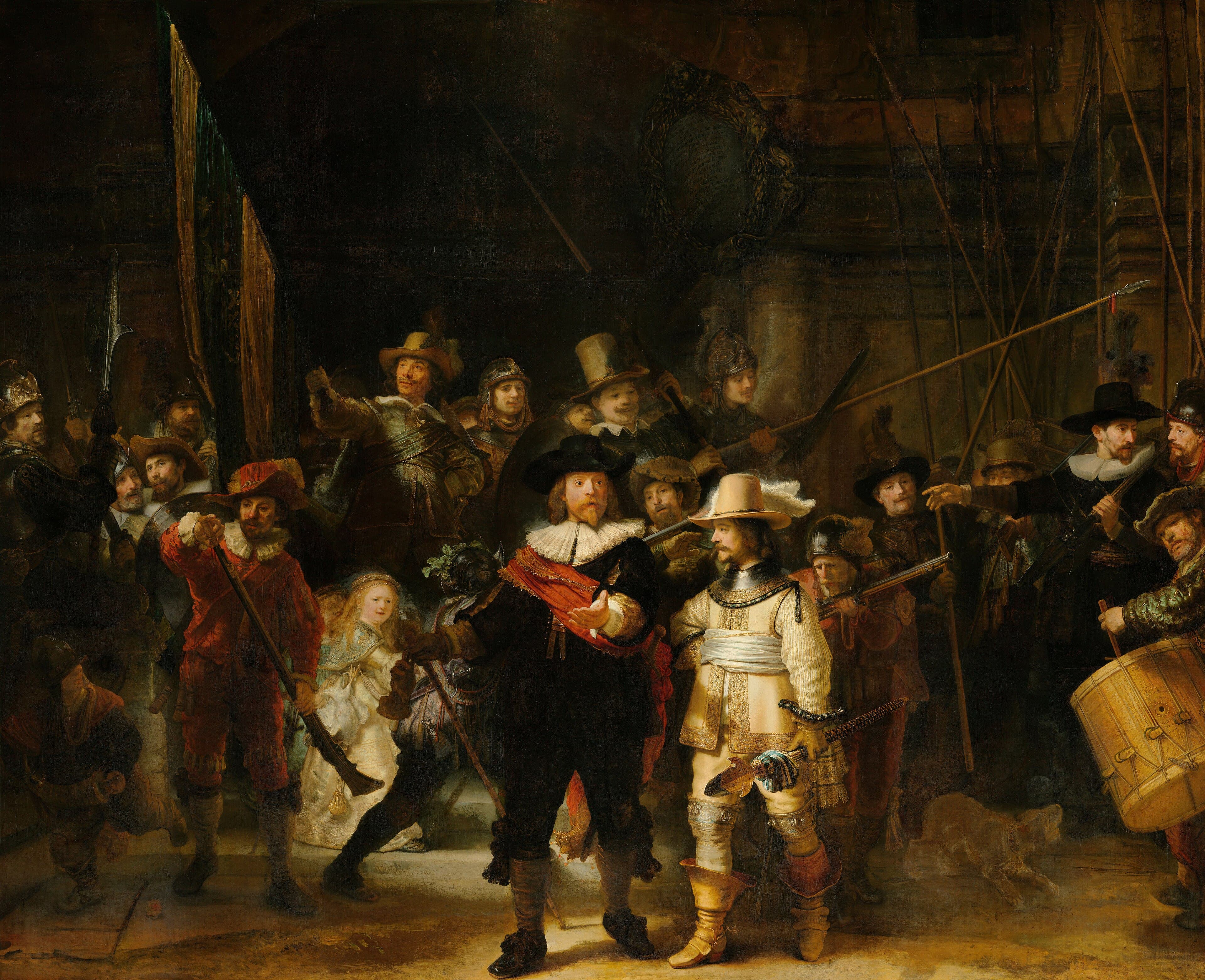 A captain in black and a lieutenant in gold lead a crowd of militiamen with muskets, pikes and a flag out of a dark archway into the light — Rembrandt, The Night Watch, 1642