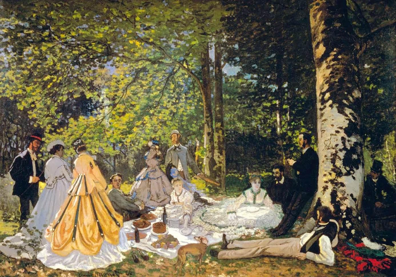 Elegant men and women in crinolines and bowler hats picnic on a white cloth in a sun-dappled forest clearing beside a pale beech trunk — Claude Monet, The Picnic, 1865–66
