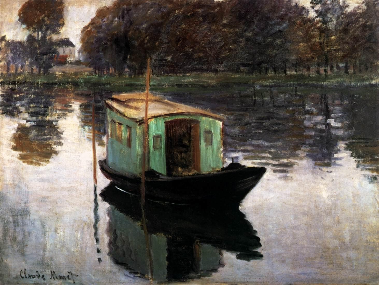 A small boat with a green wooden cabin floats on a still river, its reflection stretching beneath it, with dark trees on the far bank — Claude Monet, The Studio Boat, 1874