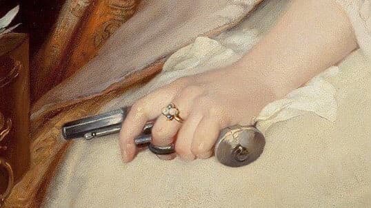Detail of a woman's hand wearing a pearl ring, resting in the lap of a white lace-trimmed dress and loosely holding a small silver revolver — Luise Max-Ehrler, The Telegram, 1894