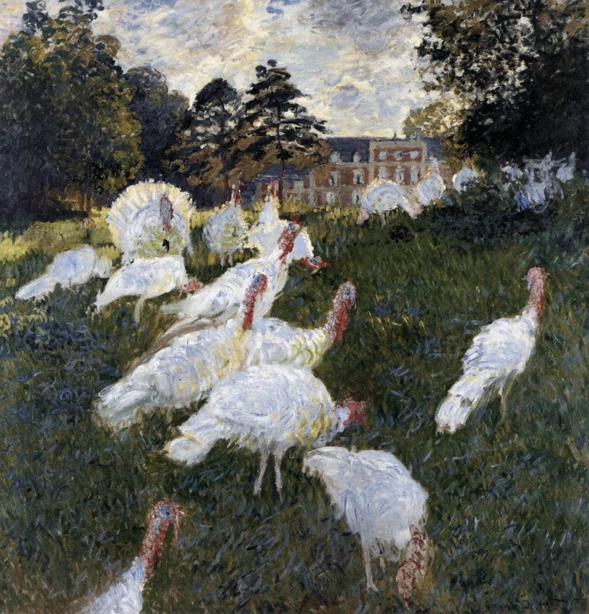 White turkeys wander across a sloping green lawn below a brick château partly hidden by dark trees — Claude Monet, The Turkeys, 1877