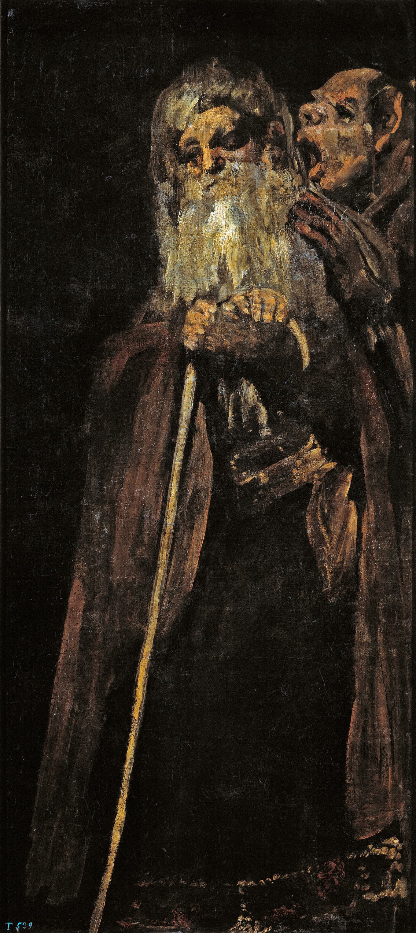A white-bearded old man in a brown habit leans on a long staff while a bald, open-mouthed figure presses against his ear from behind, against a black ground — Francisco Goya, Two Old Men, c. 1819–1823