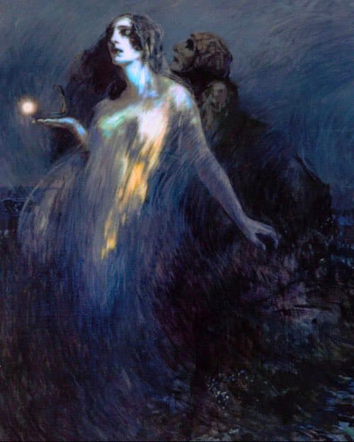 A pale woman in a flowing translucent veil holds a small glowing lamp in the blue night while a dark, skull-faced hooded figure looms behind her — Cipriano Mannucci, Verso la Luce