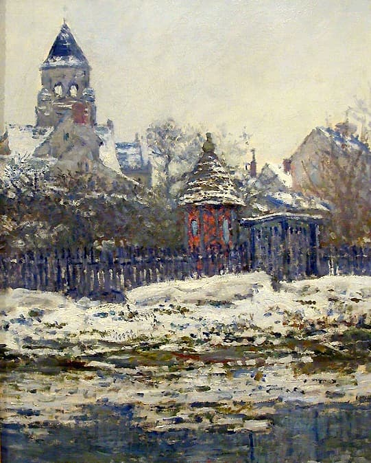 A church tower with a snowy spire rises above white roofs, a small red pavilion and a dark fence, with a snowy bank and the river below — Claude Monet, Vétheuil Church, 1879