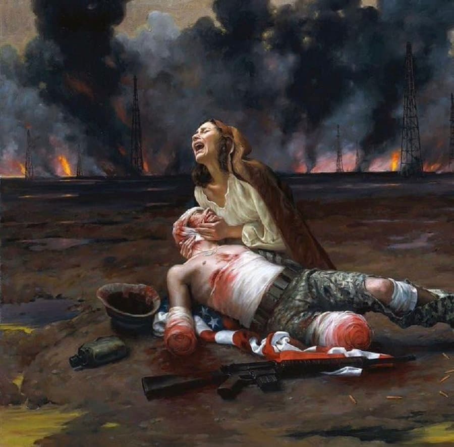 A woman in a head shawl wails as she cradles a bloodied soldier with bandaged stumps for arms, lying on an American flag before burning oil derricks — Max Ginsburg, War Pietà, 2007