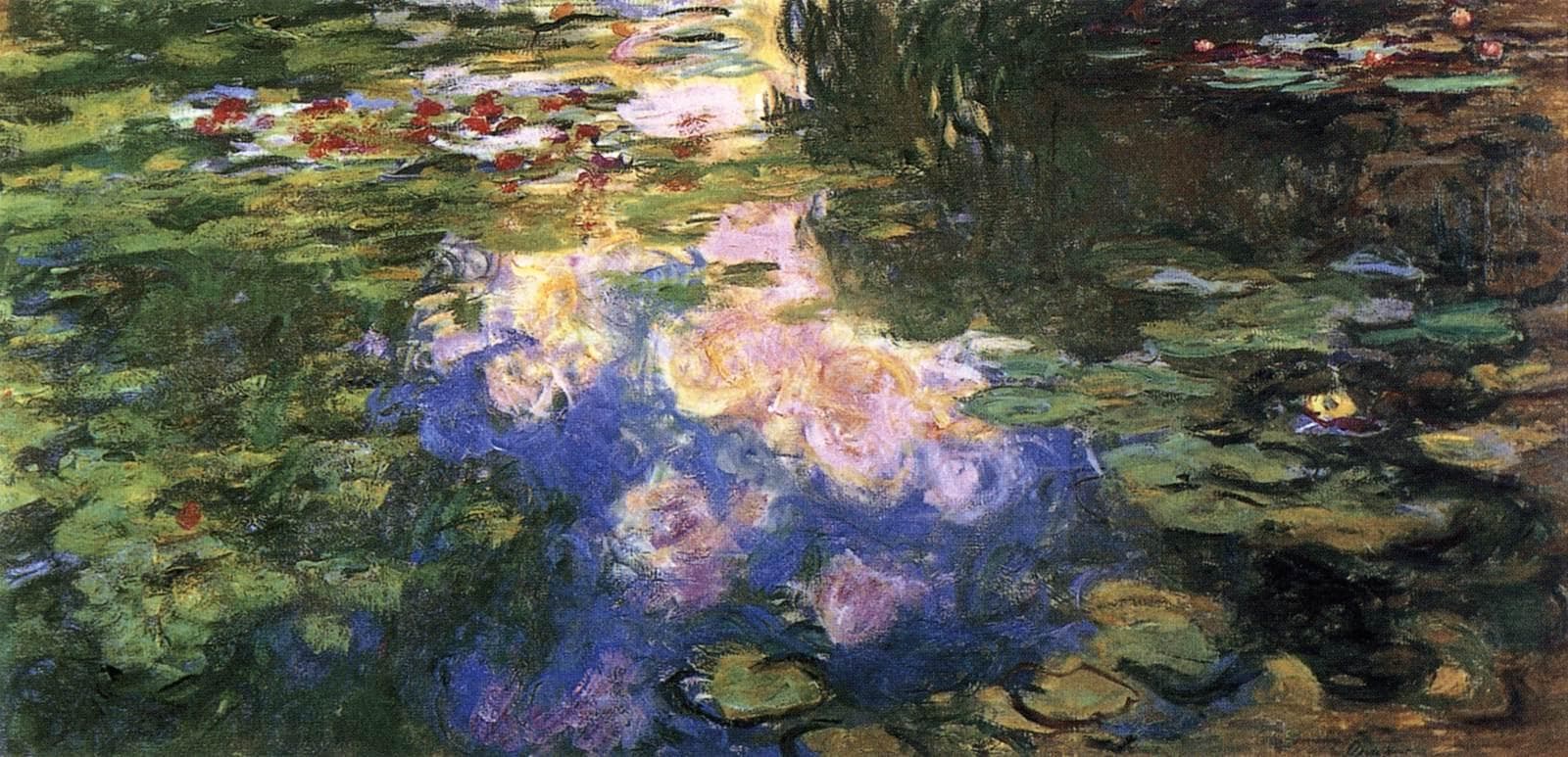 Lily pads and red water lilies float on a pond reflecting blue sky, pink clouds and the dark streaks of a willow — Claude Monet, Water-Lily Pond (Le Bassin aux nymphéas), 1917–19
