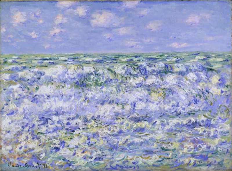 Rows of white-crested waves in blue, violet and green fill the canvas beneath a narrow strip of blue sky with small clouds — Claude Monet, Waves Breaking, 1881