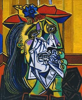 A woman in a red hat with a blue flower holds a white handkerchief to her face, which is broken into yellow, green and white planes, with black tears — Pablo Picasso, The Weeping Woman, 1937