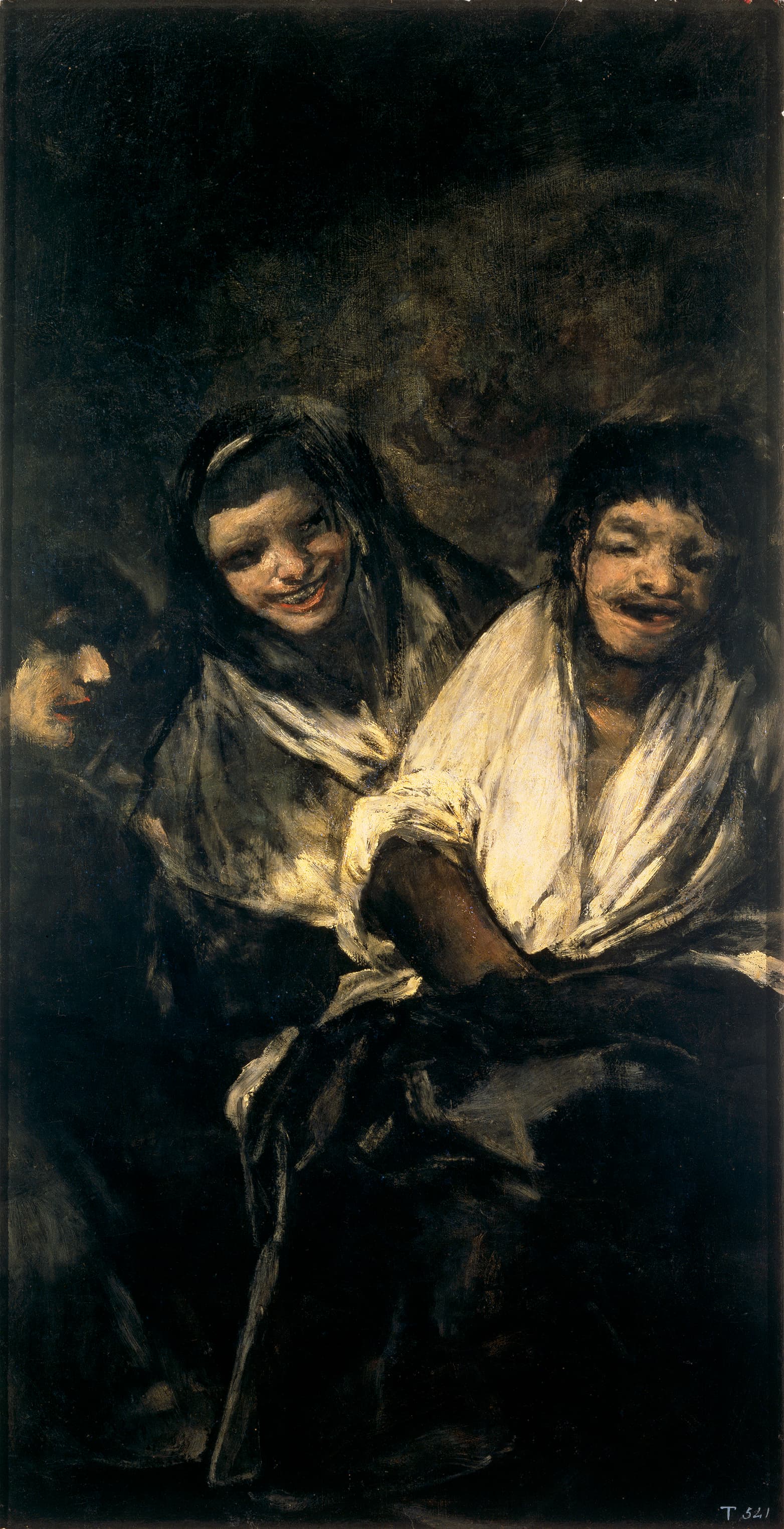 Two women with broad, mocking smiles lean toward a grinning man in a white shirt whose hands are hidden in his lap, against a black background — Francisco Goya, Women Laughing, c. 1819–1823