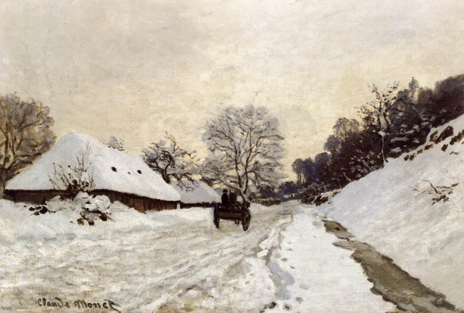A small dark cart travels away down a rutted snowy road past a snow-roofed farm building, with a white bank and dark woods on the right under a pale sky — Claude Monet, A Cart on the Snowy Road at Honfleur, c. 1867