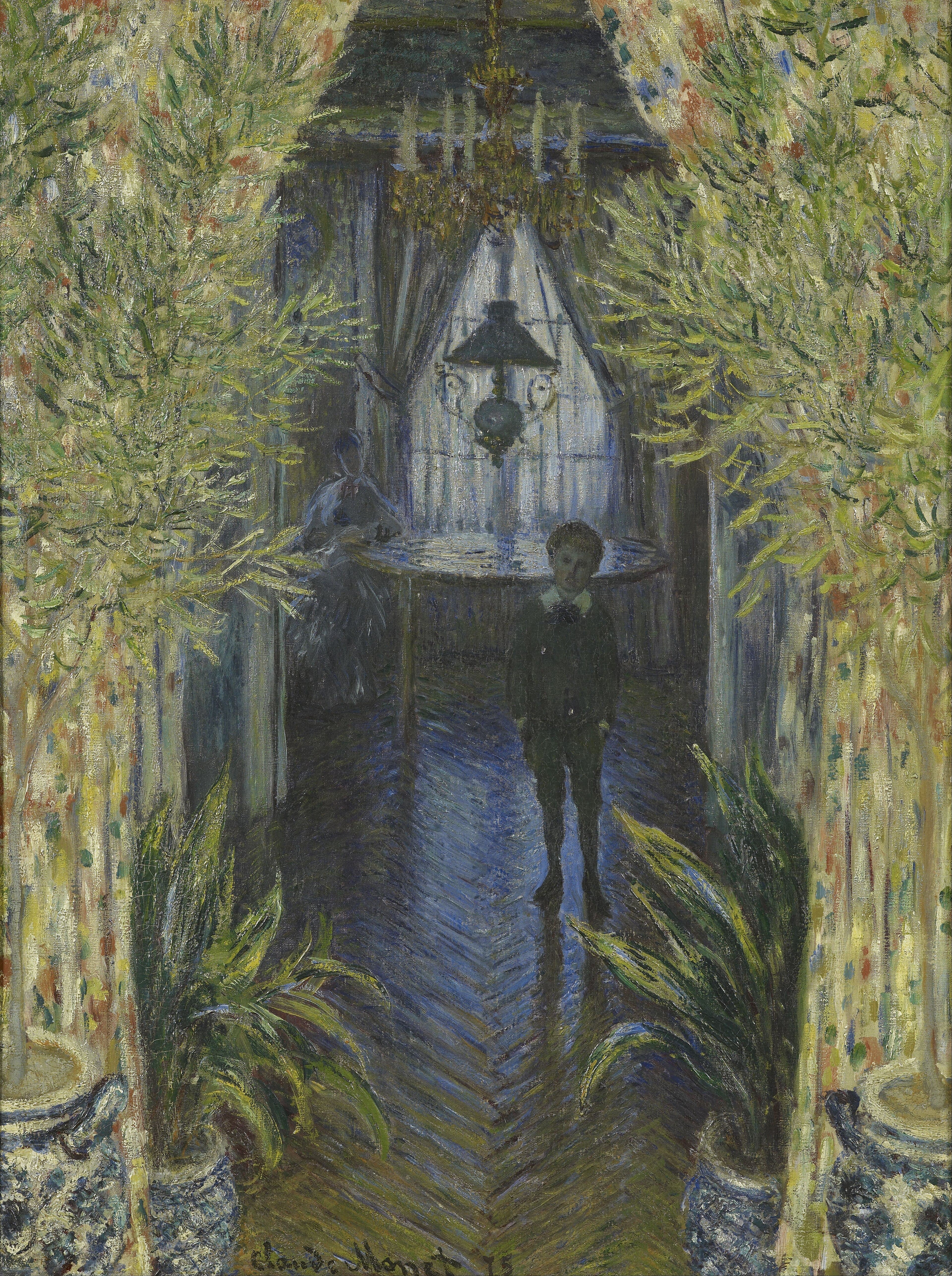 A boy in a dark suit stands on a gleaming herringbone floor in a dim room, framed by potted plants and curtains, a window and chandelier behind — Claude Monet, A Corner of the Apartment, 1875