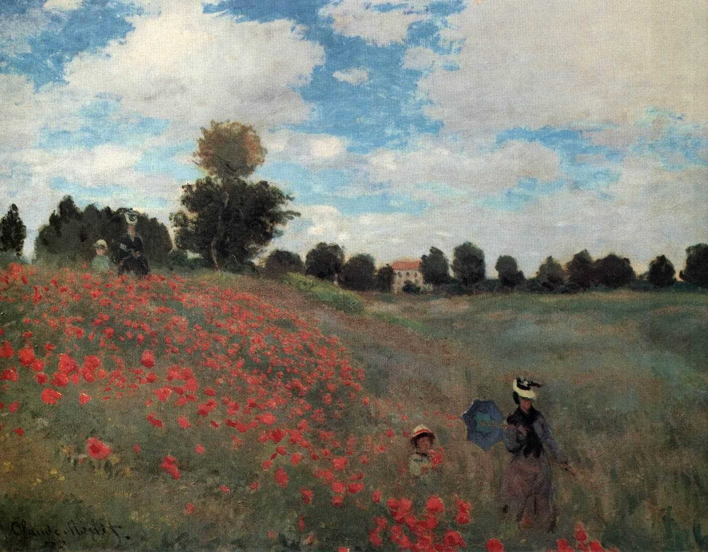 A woman with a parasol and a child walk through a sloping meadow scattered with red poppies under a cloudy sky — Claude Monet, Poppies, 1873