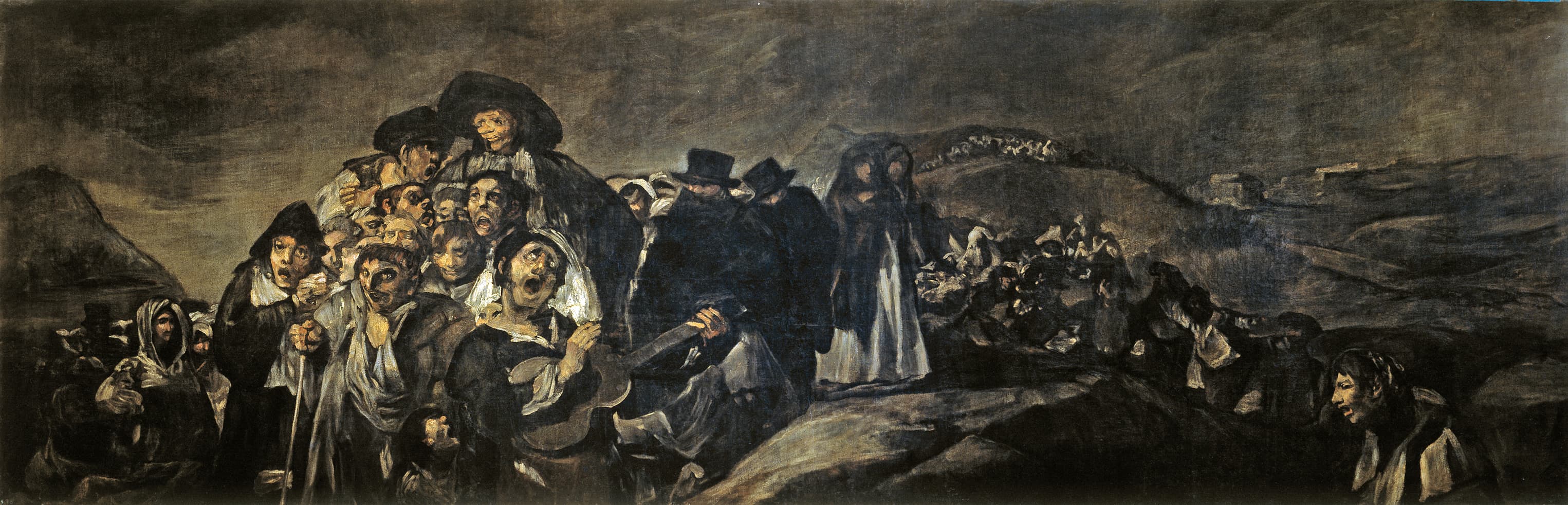 A dense crowd of open-mouthed singing pilgrims fills the left foreground while a procession winds away over a dark hill — Francisco Goya, A Pilgrimage to San Isidro, c. 1819–1823